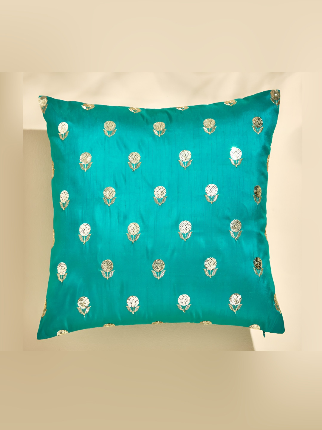 

Home Centre Velour Green & Gold-Toned Embroidered Square Cushion Cover