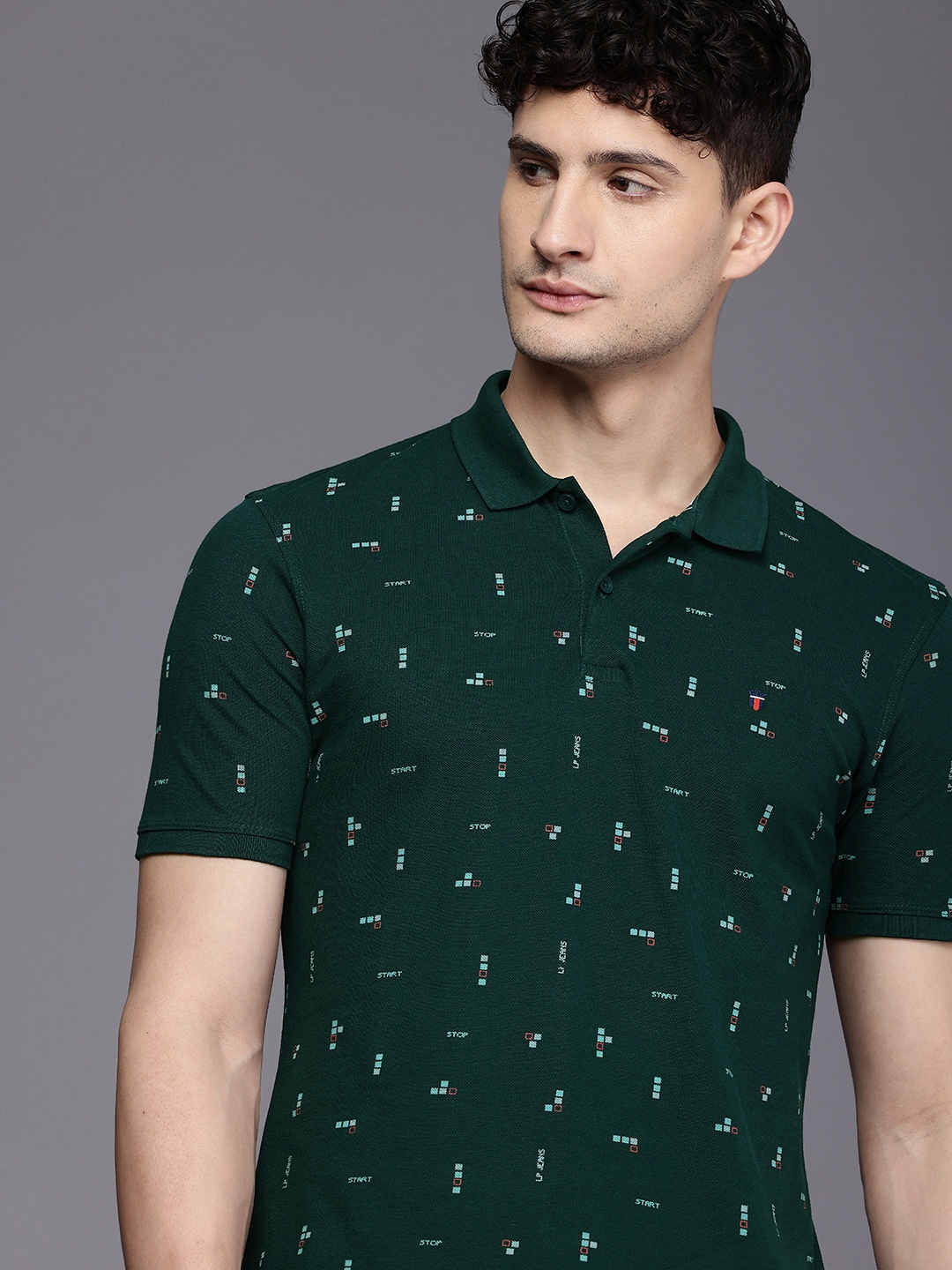 

Louis Philippe Jeans Printed Polo Collar Pure Cotton Slim Fit T-shirt, Green