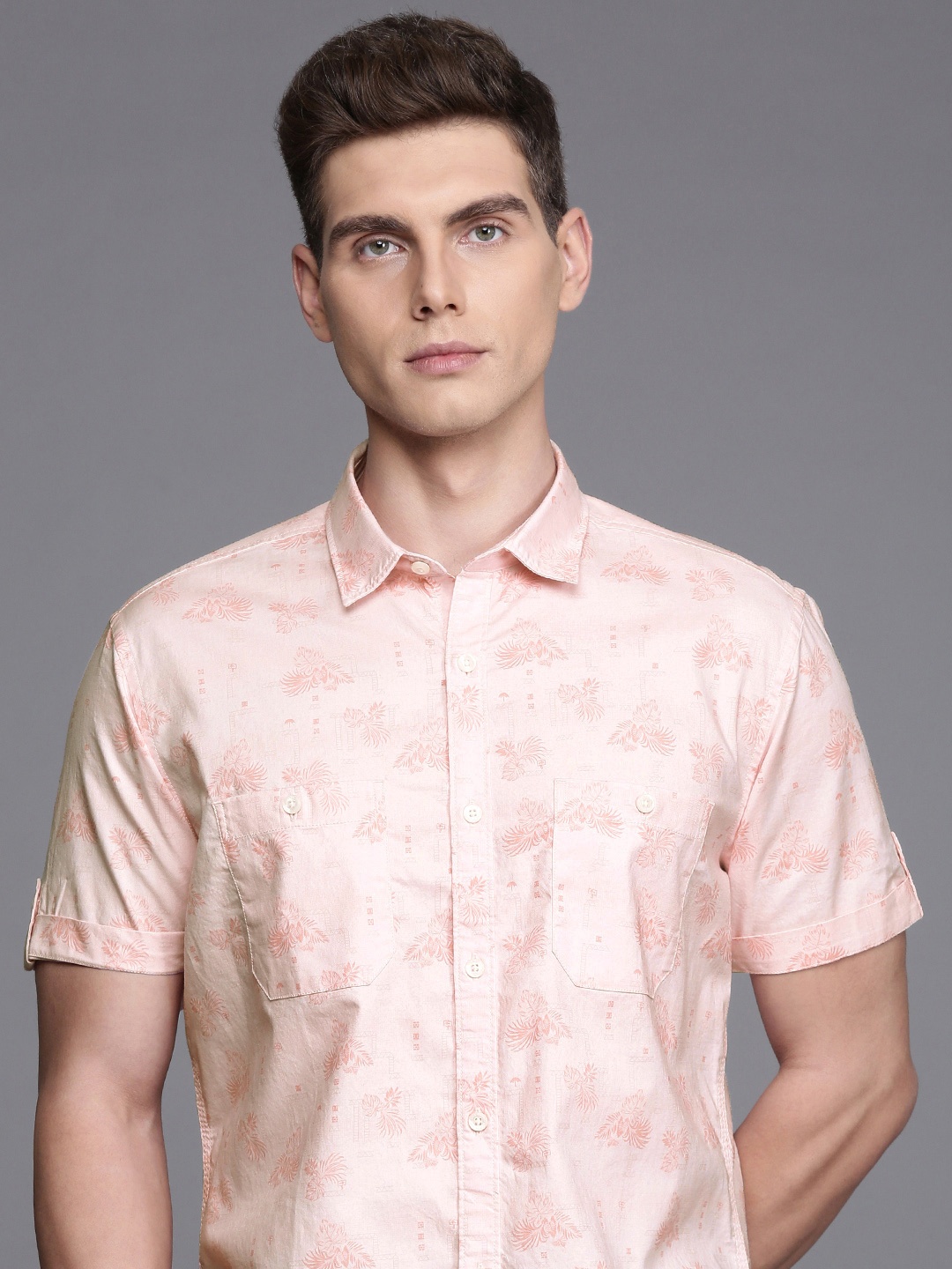 

Louis Philippe Jeans Slim Fit Floral Printed Pure Cotton Casual Shirt, Peach