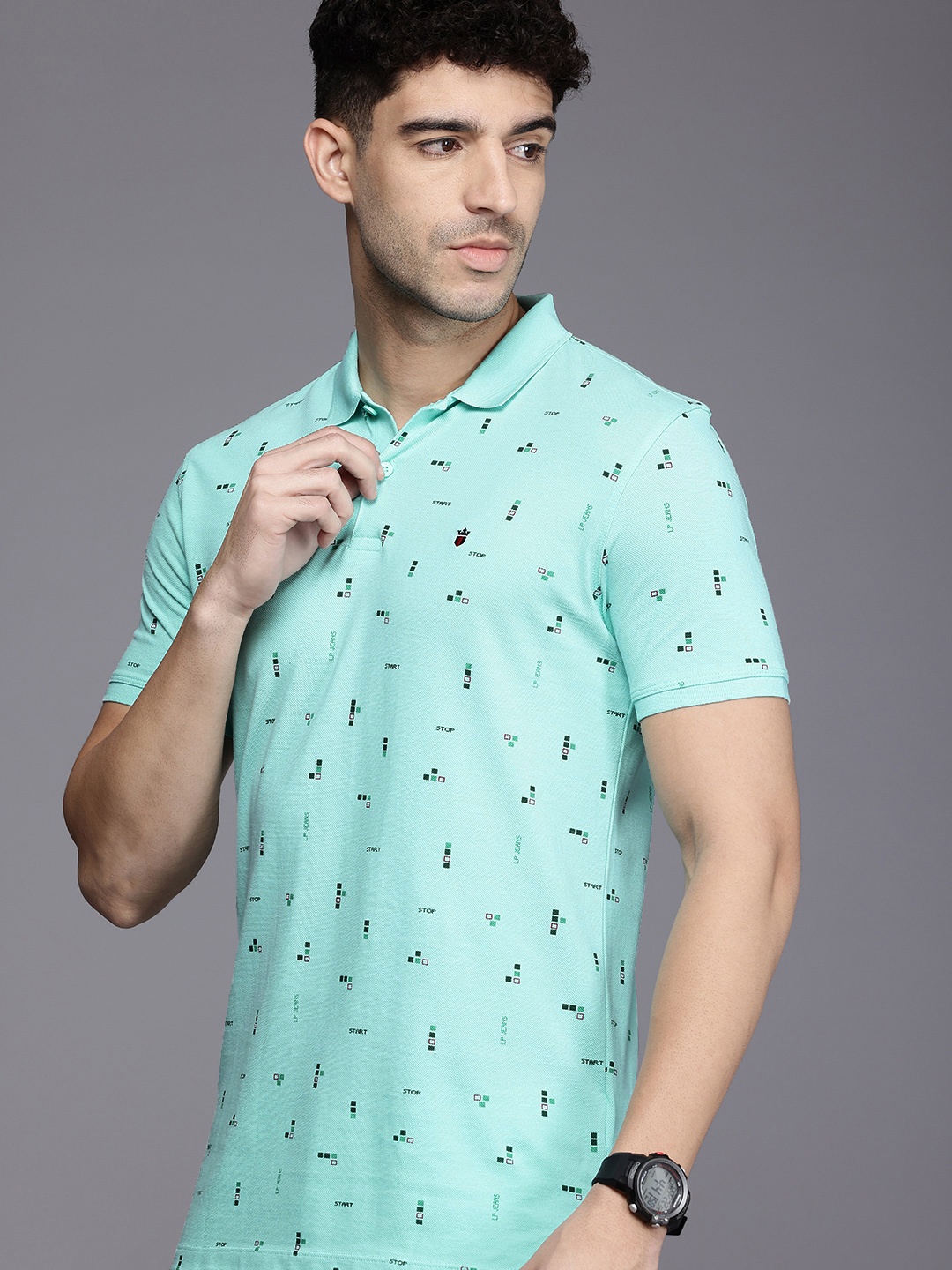 

Louis Philippe Jeans Geometric Printed Polo Collar Pure Cotton Slim Fit T-shirt, Blue