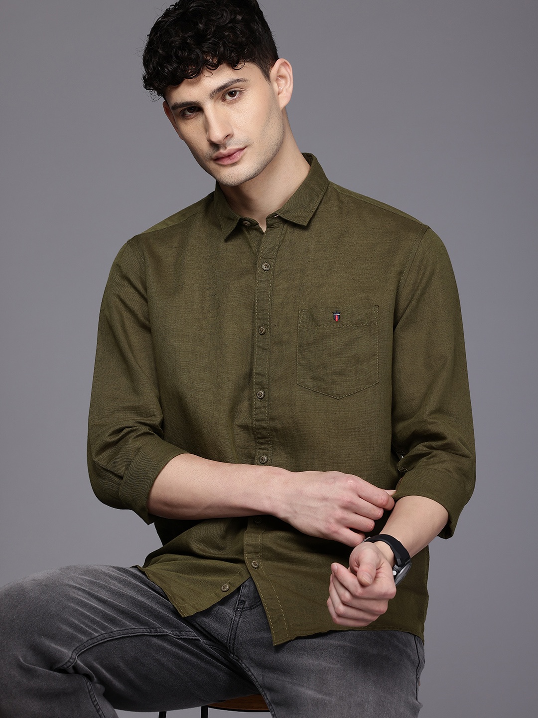 

Louis Philippe Jeans Slim Fit Pure Linen Casual Shirt, Olive