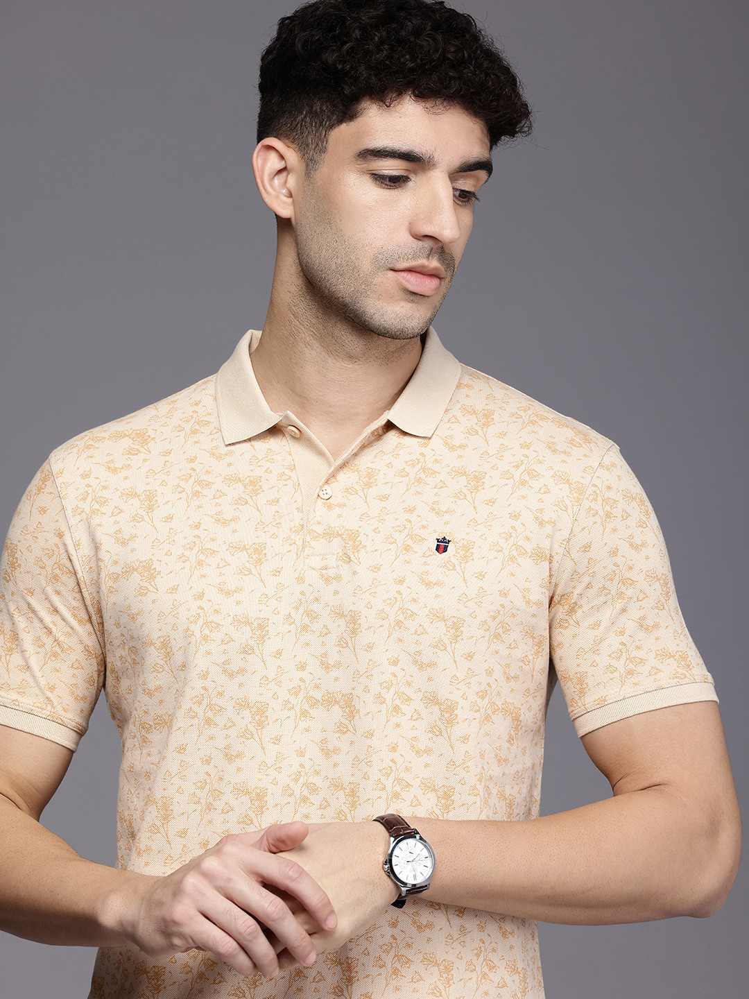 

Louis Philippe Jeans Floral Printed Polo Collar Pure Cotton Slim Fit T-shirt, Beige