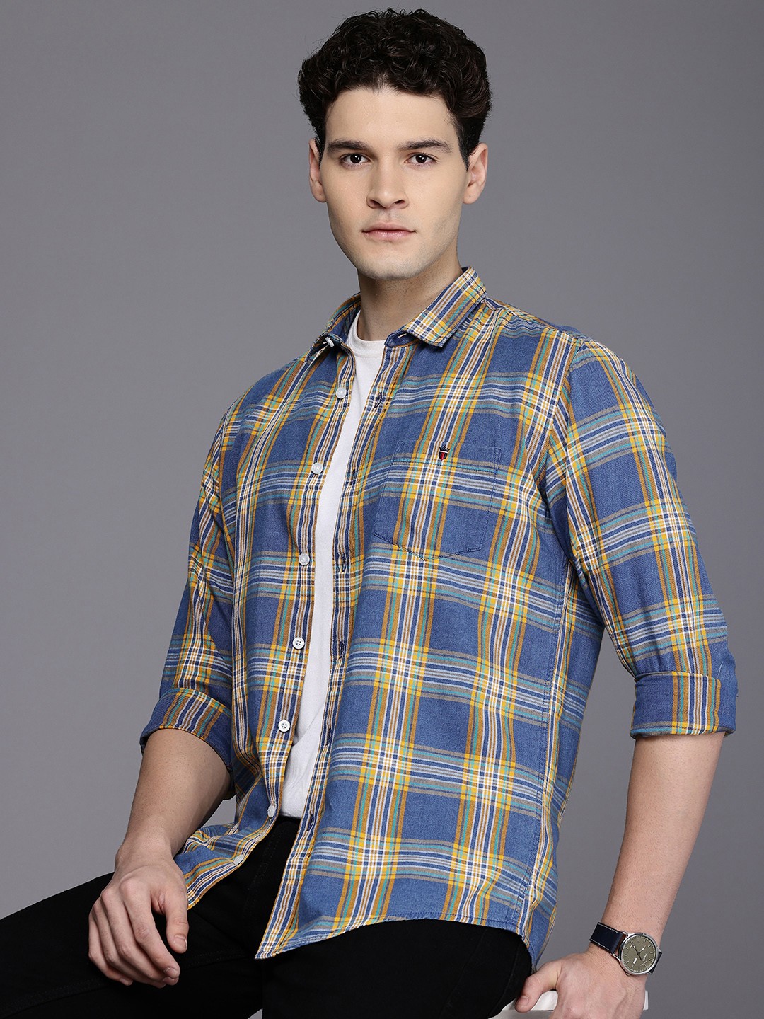 

Louis Philippe Jeans Pure Cotton Slim Fit Opaque Checked Casual Shirt, Blue