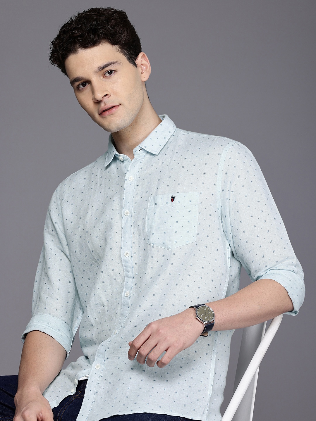 

Louis Philippe Jeans Linen Cotton Slim Fit Opaque Printed Casual Shirt, Blue
