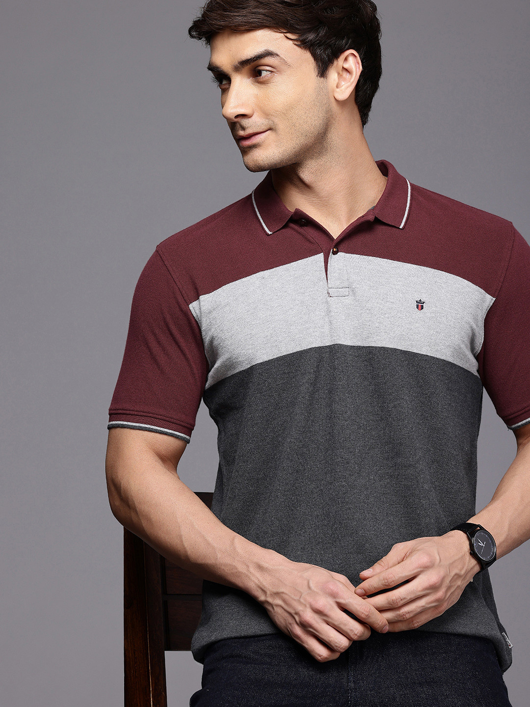 

Louis Philippe Jeans Colourblocked Polo Collar Pure Cotton Slim Fit T-shirt, Maroon