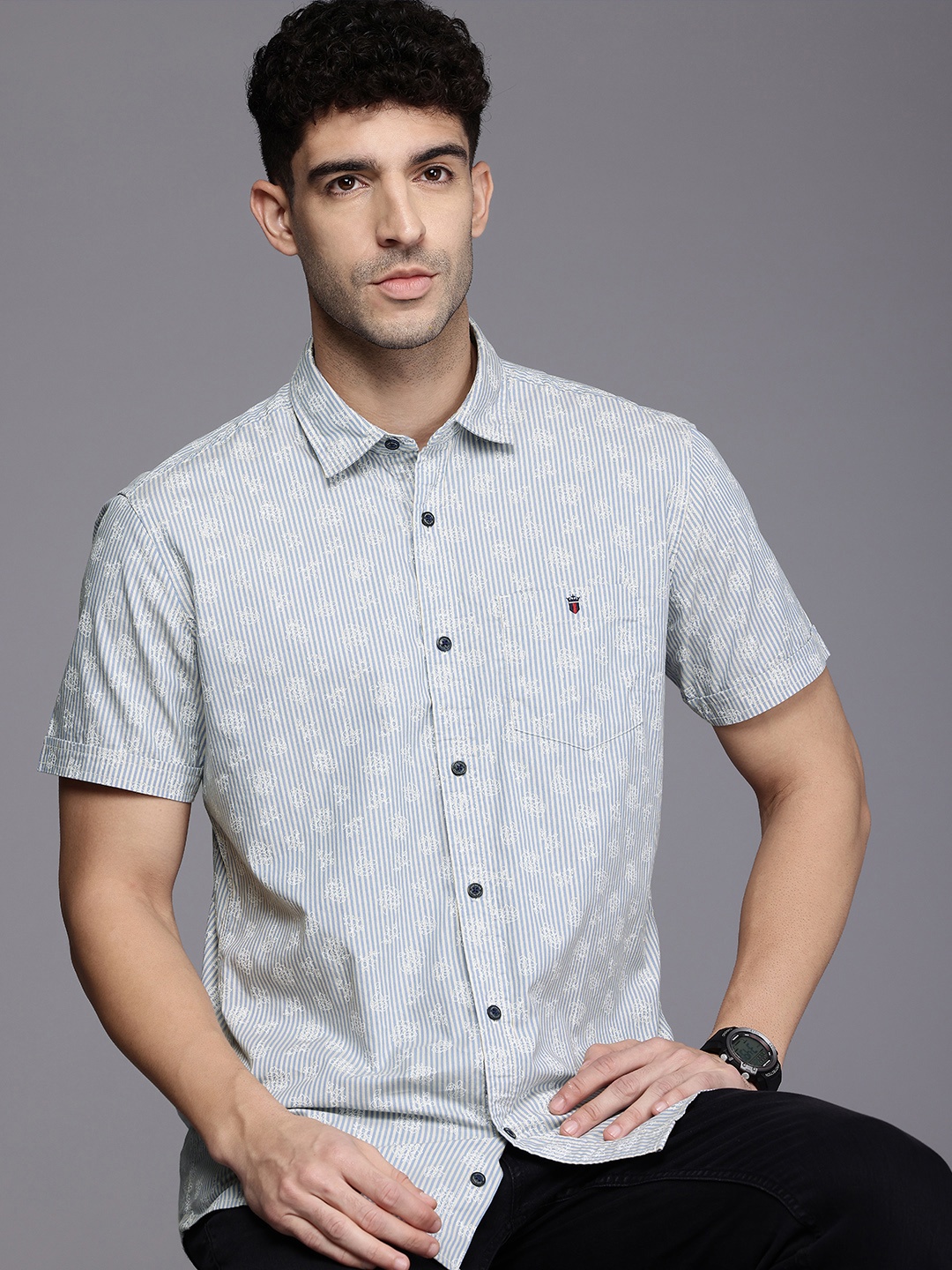 

Louis Philippe Jeans Slim Fit Striped Pure Cotton Casual Shirt, Beige