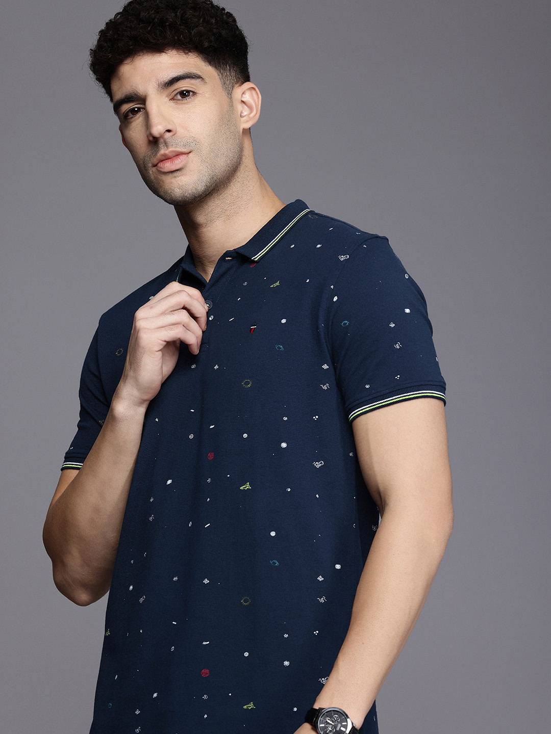 

Louis Philippe Jeans Printed Polo Collar Pure Cotton Slim Fit T-shirt, Navy blue