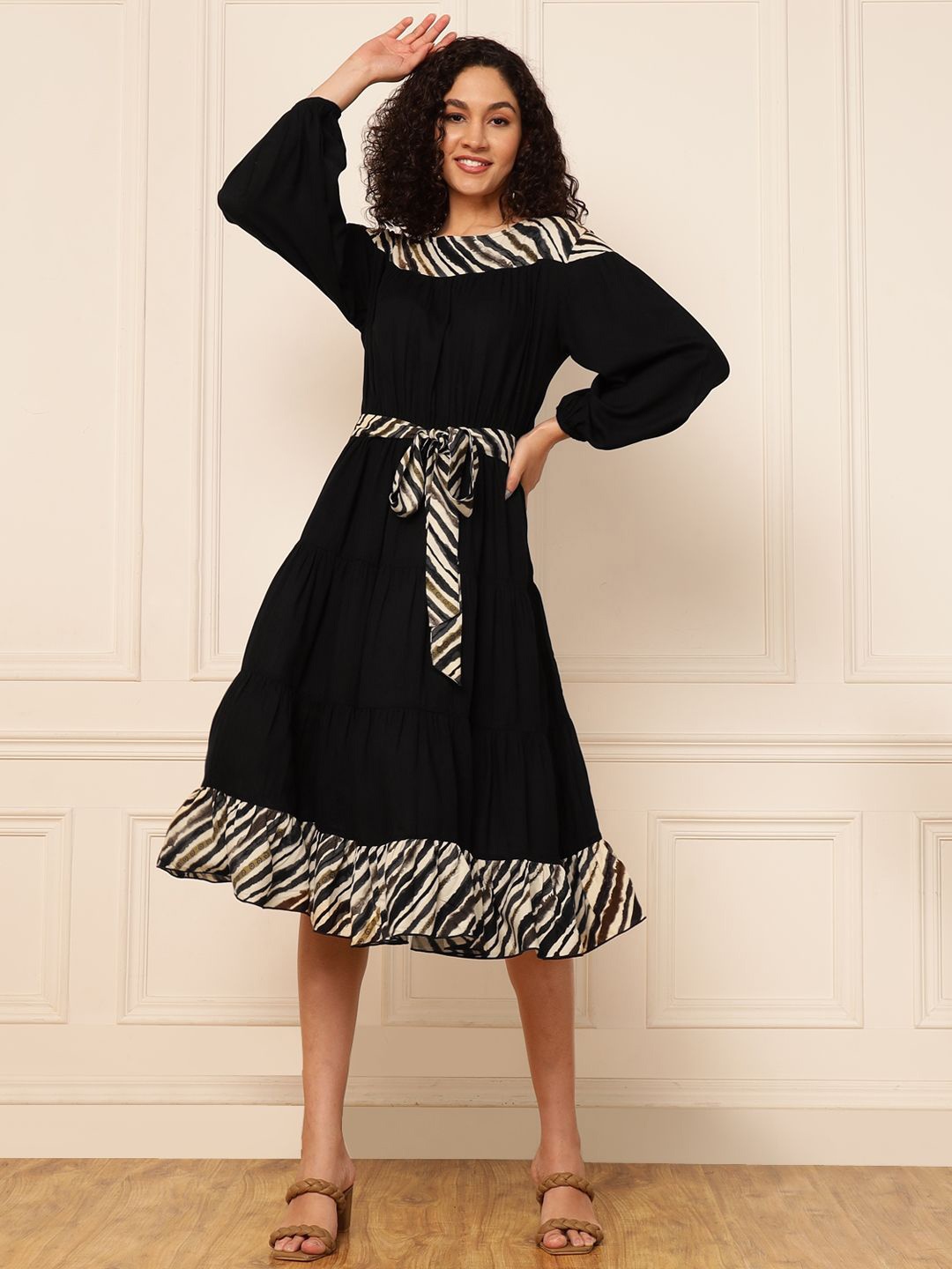 

DEEBACO Puff Sleeve Tiered A-Line Dress, Black
