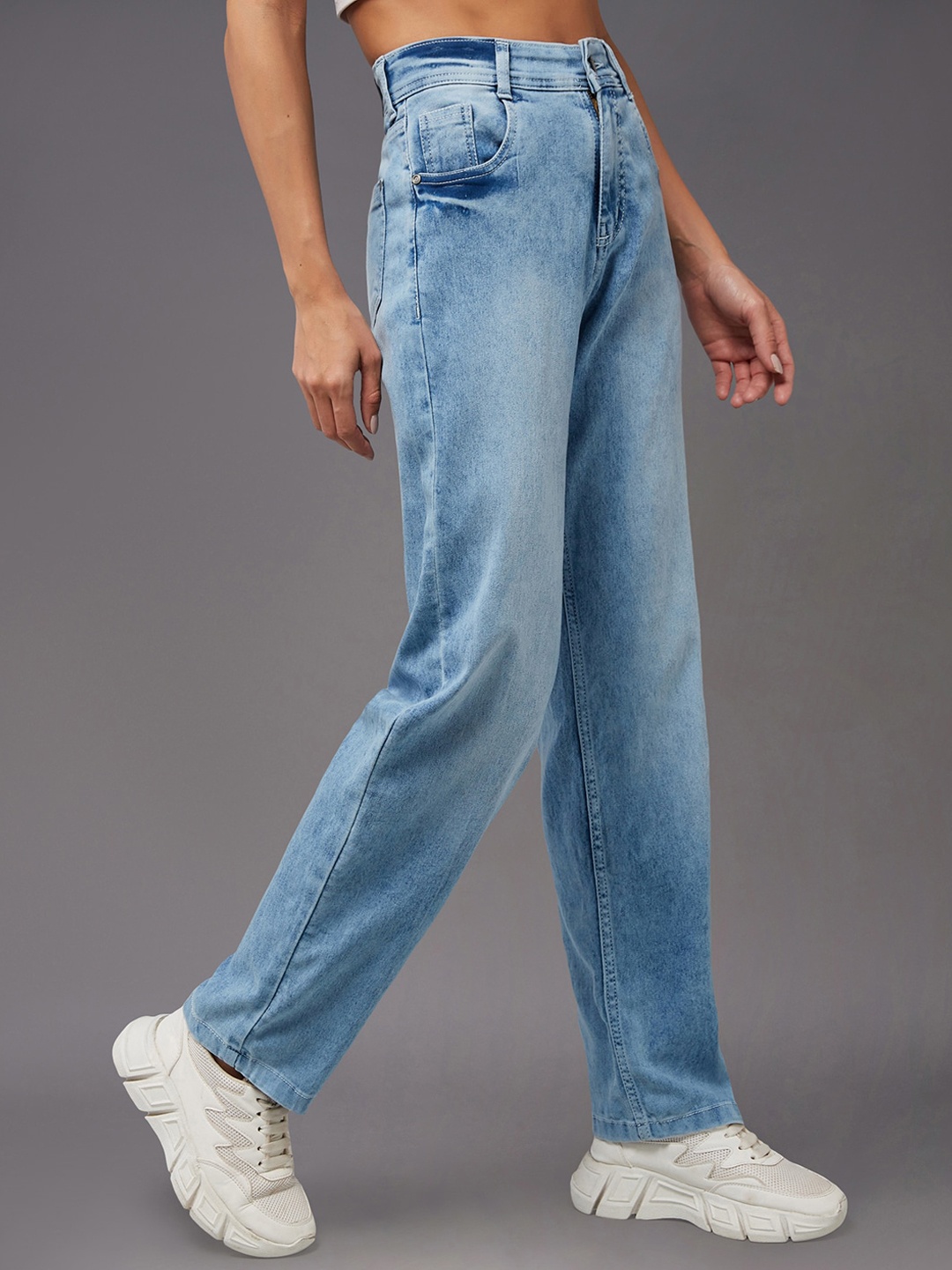

Miss Chase Women Wide Leg High-Rise Heavy Fade Stretchable Jeans, Blue
