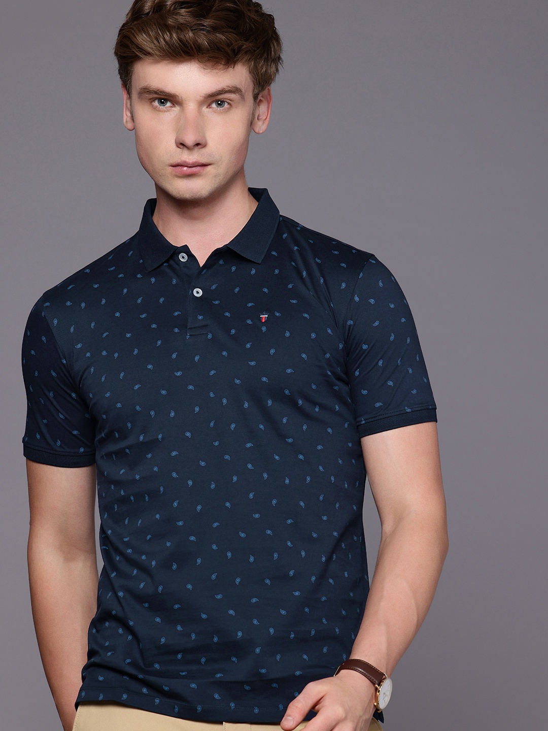 

Louis Philippe Sport Geometric Printed Polo Collar Pure Cotton Slim Fit T-shirt, Navy blue