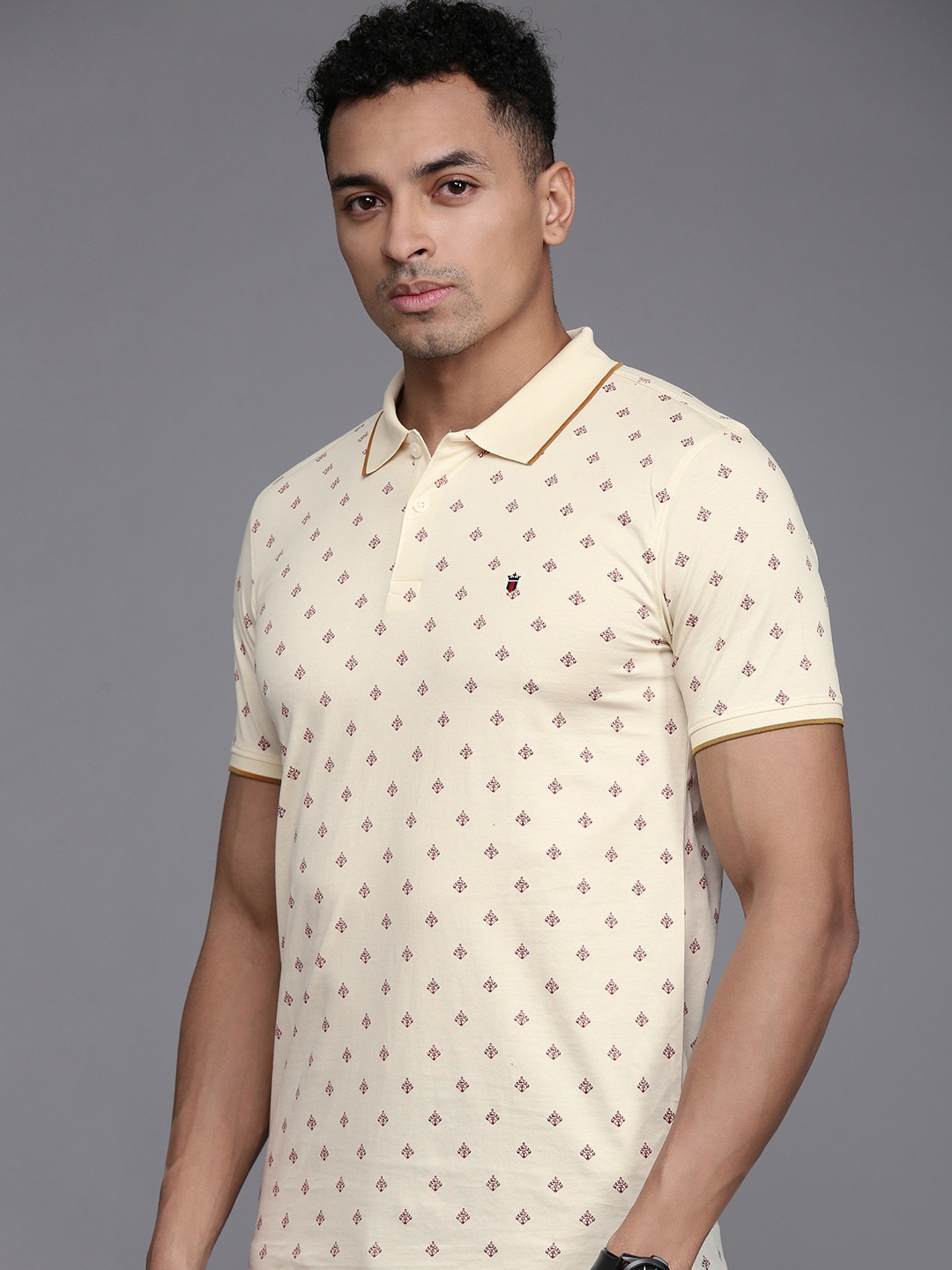 

Louis Philippe Sport Ethnic Printed Polo Collar Pure Cotton Slim Fit T-shirt, Cream