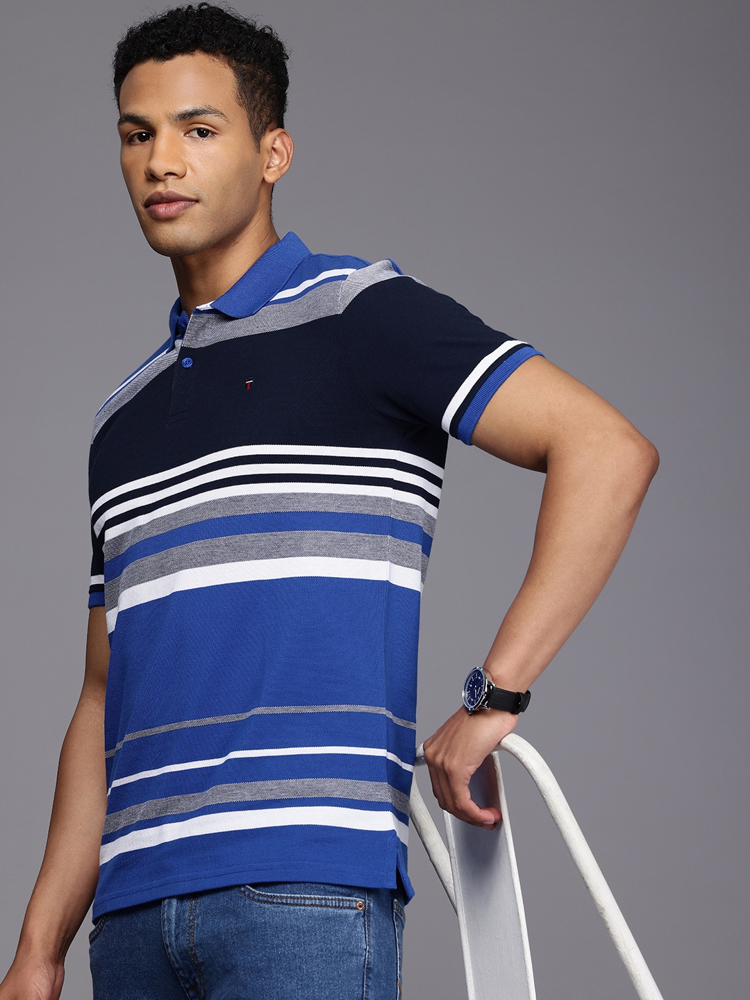 

Louis Philippe Sport Striped Polo Collar Slim Fit T-shirt, Blue