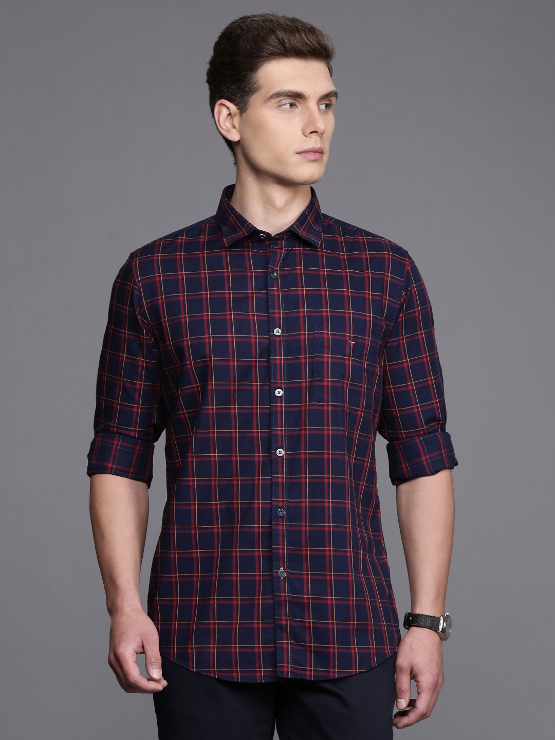 

Louis Philippe Sport Pure Cotton Super Slim Fit Checked Casual Shirt, Navy blue