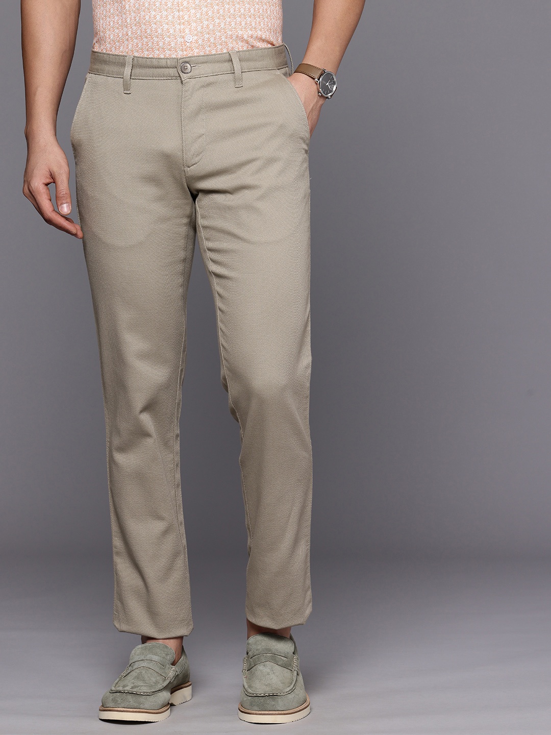 

Louis Philippe Sport Men Textured Slim Fit Chinos Trousers, Khaki