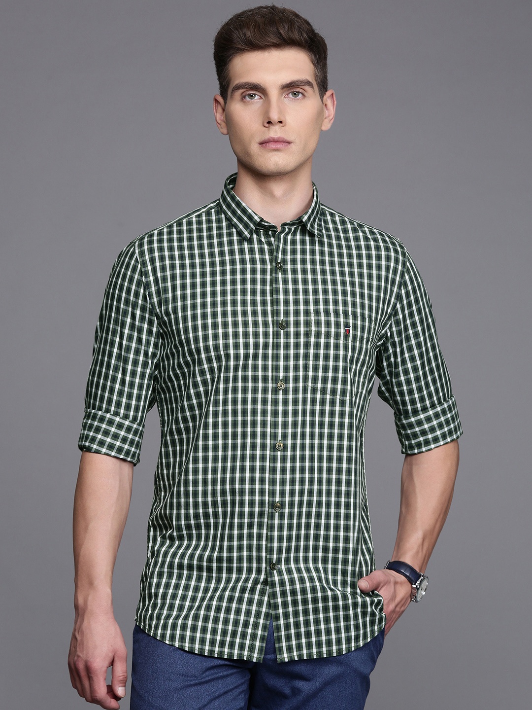 

Louis Philippe Sport Pure Cotton Super Slim Fit Opaque Checked Casual Shirt, Navy blue