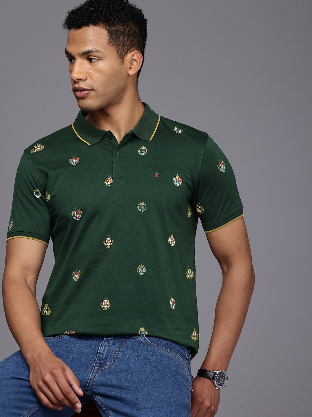 

Louis Philippe Sport Brand Logo Printed Polo Collar Pure Cotton Slim Fit T-shirt, Green