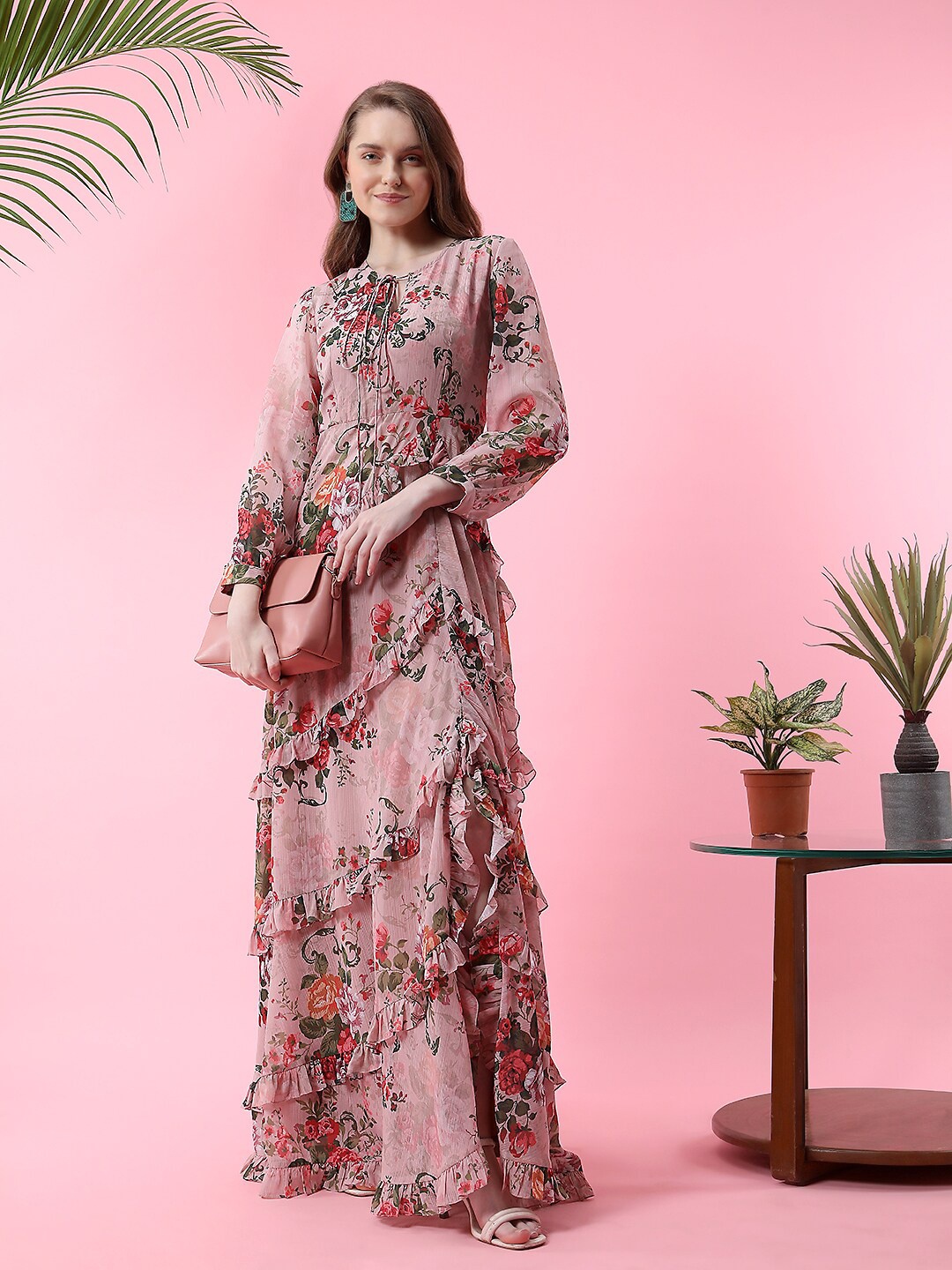 

MISH Floral Printed Layered Ruffle Georgette Maxi Dress, Peach
