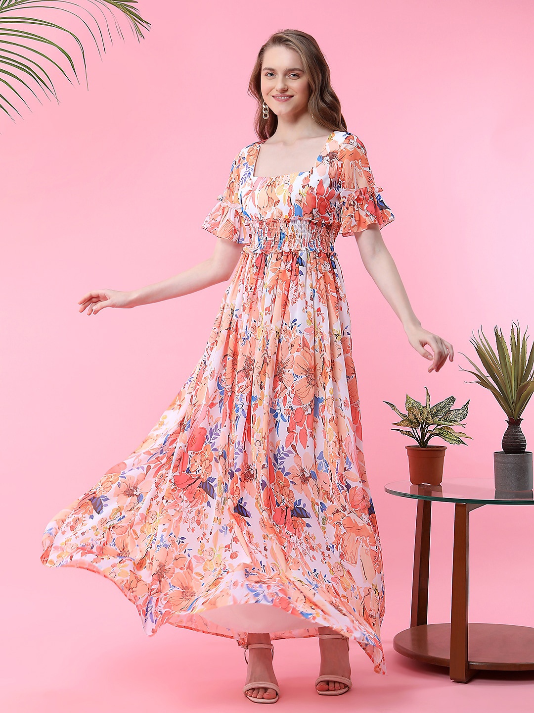 

MISH Floral Printed Square Neck Smocked Chiffon Maxi Dress, Off white