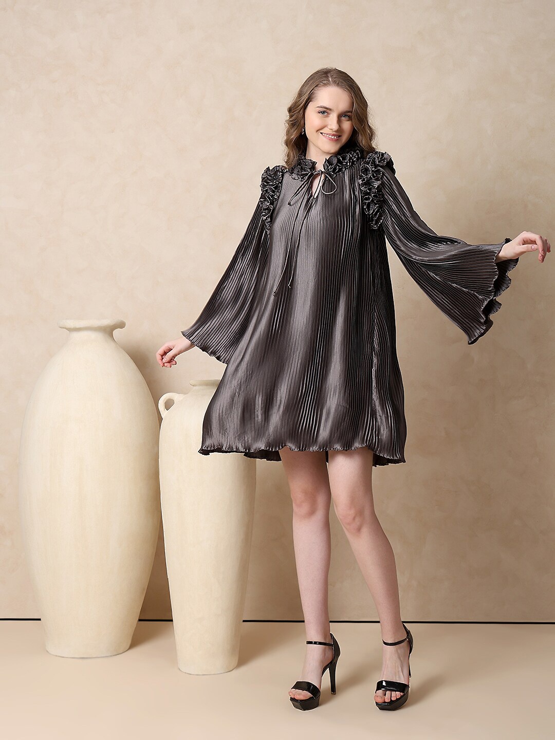 

MISH Self Design Tie-Up Neck Ruffled Satin A-Line Dress, Charcoal