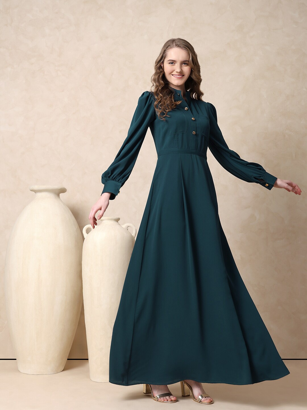 

MISH Mandarin Collar Cuffed Sleeves Maxi Dress, Teal