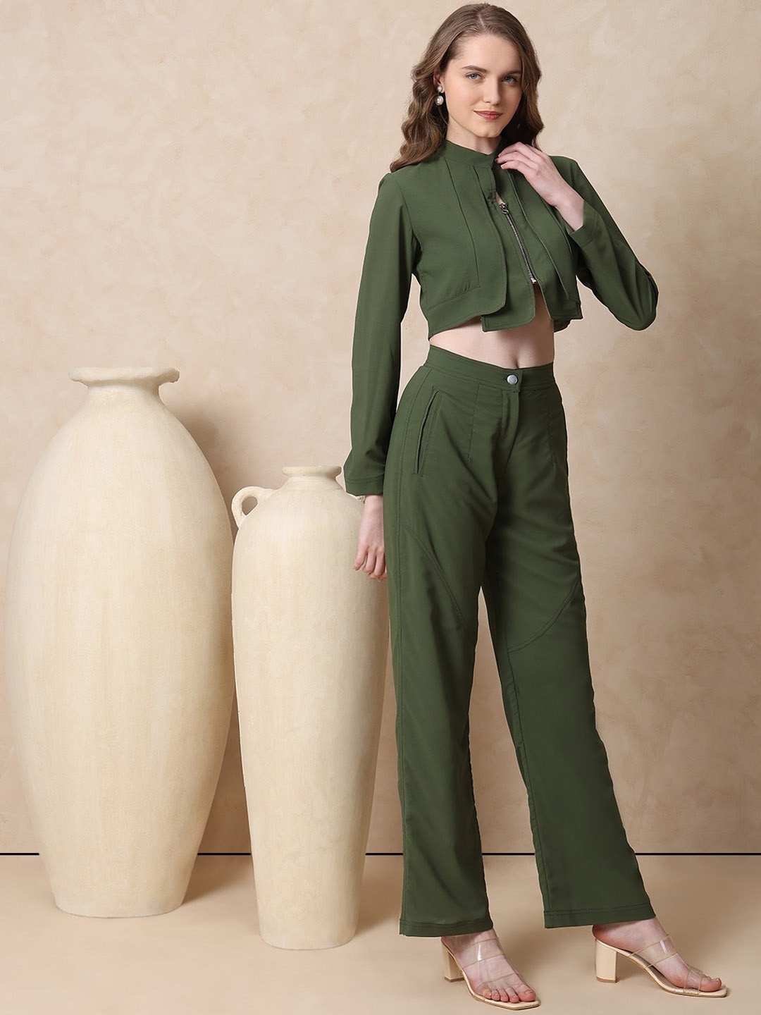 

MISH Band Collar Long Sleeves Crop Jacket & Trousers, Olive