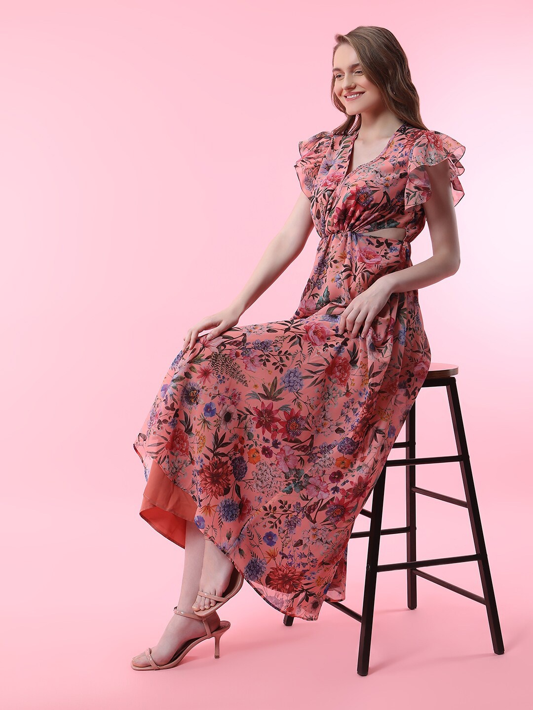 

MISH Floral Printed Cut Our Georgette Maxi Dress, Peach
