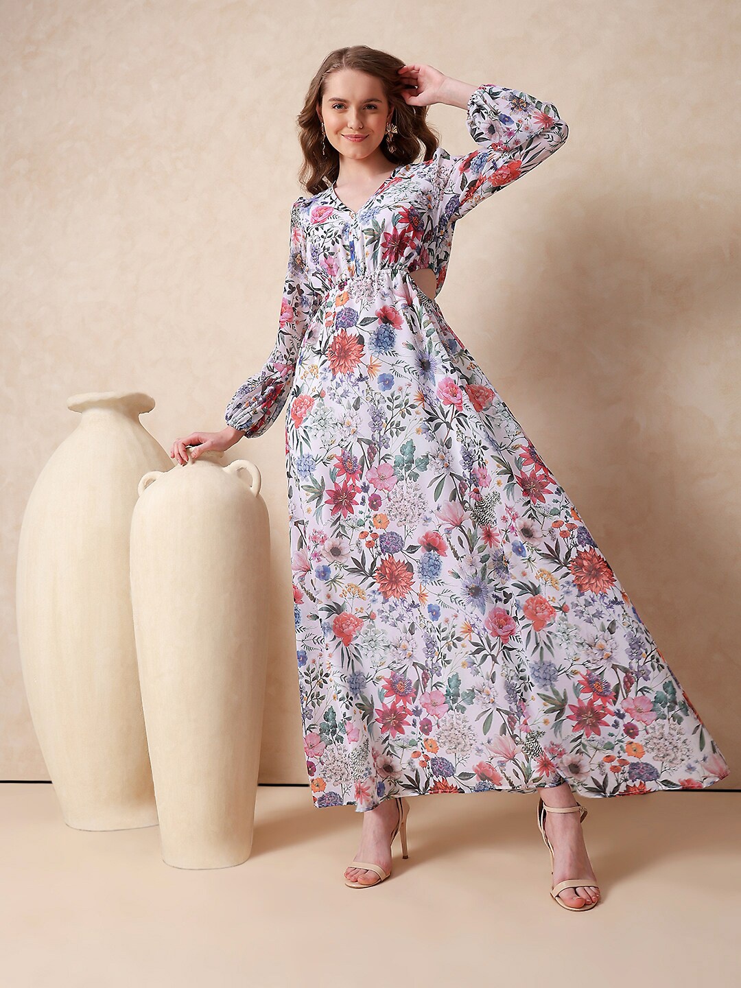 MISH Floral Printed Cut Out Georgette Maxi Dress, White
