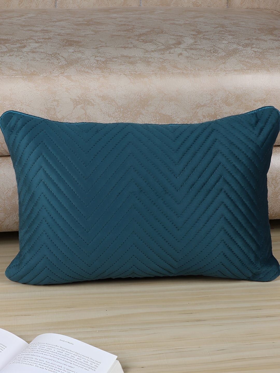 

MFD HOME FURNISHING Navy Blue Striped Satin Rectangle Cushion Cover