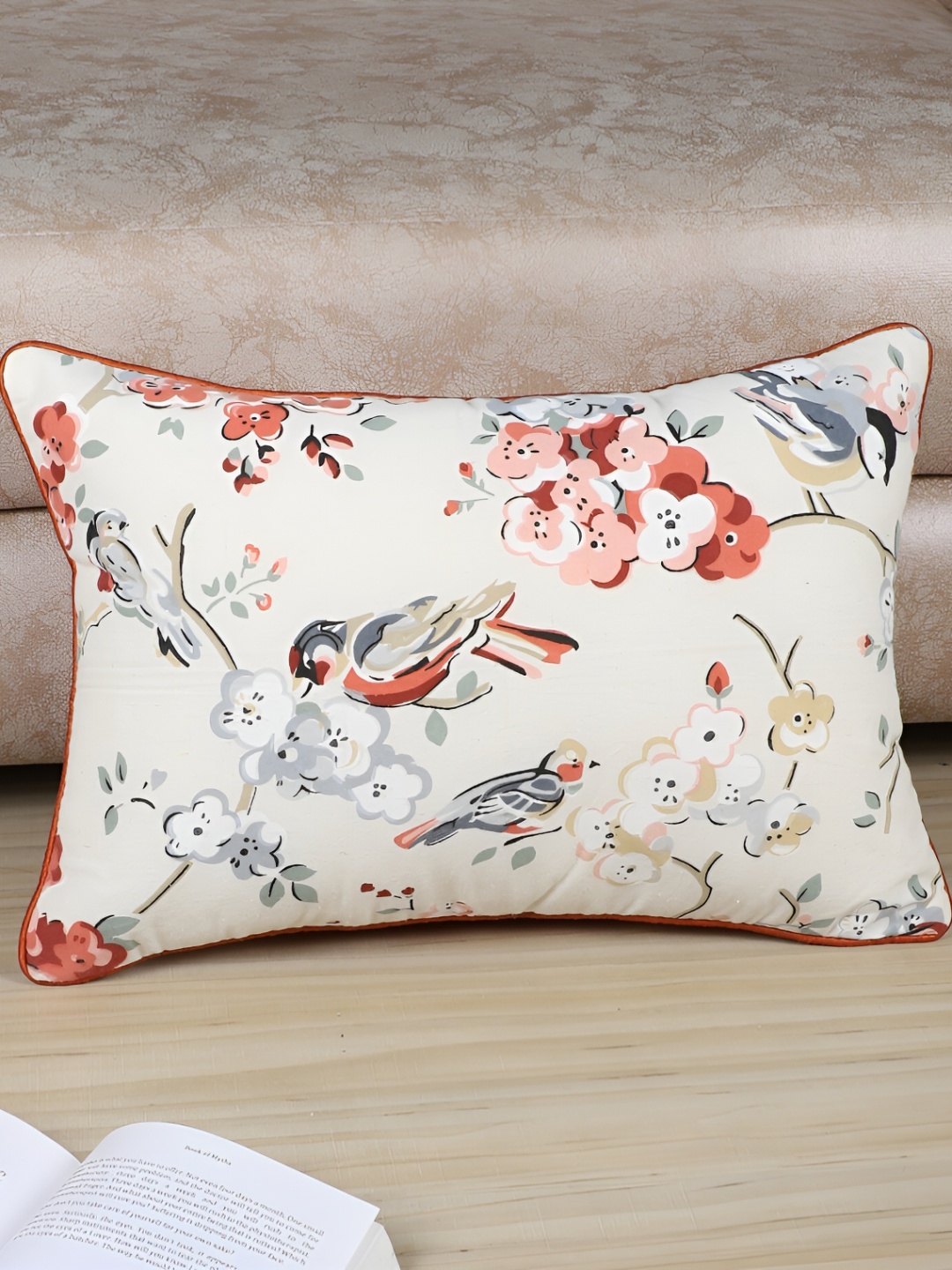 

MFD HOME FURNISHING Beige & Orange Floral Rectangle Cotton Cushion Covers