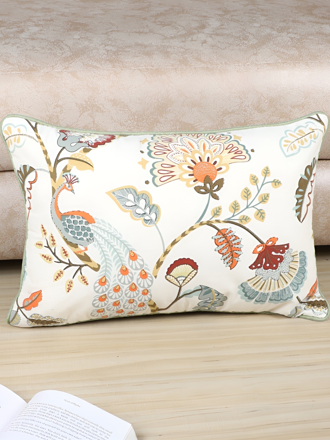 

MFD HOME FURNISHING White & Blue Floral Rectangle Cotton Cushion Cover