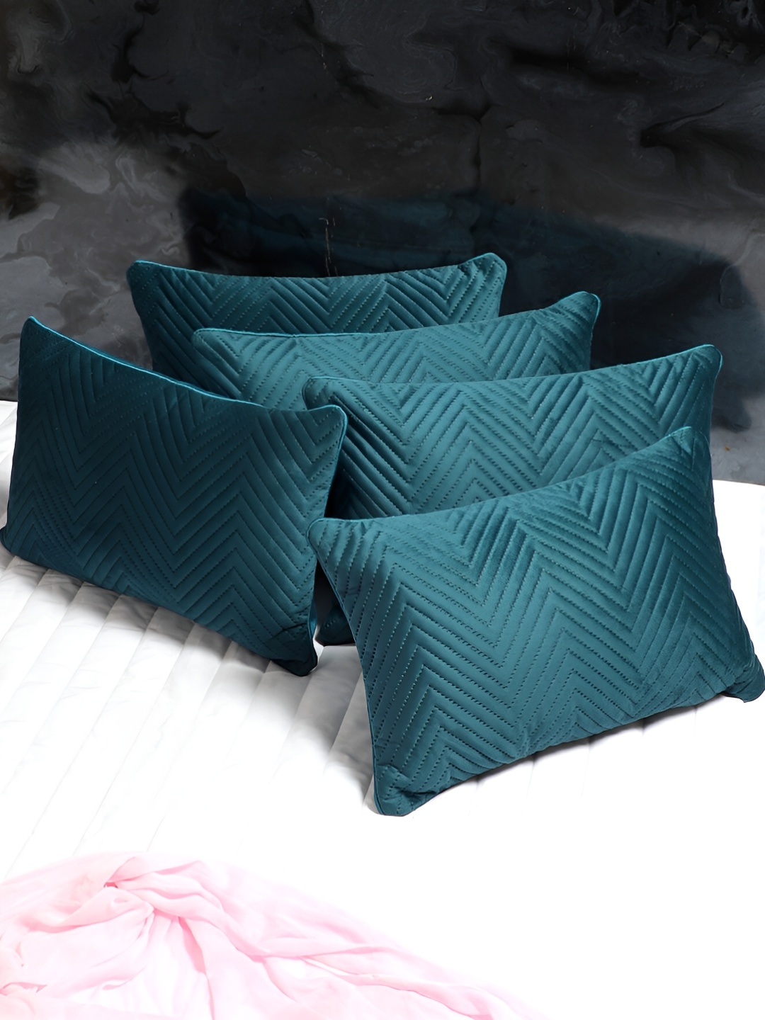 

MFD HOME FURNISHING Navy Blue 5 Pieces Geometric Satin Rectangle Cushion Covers
