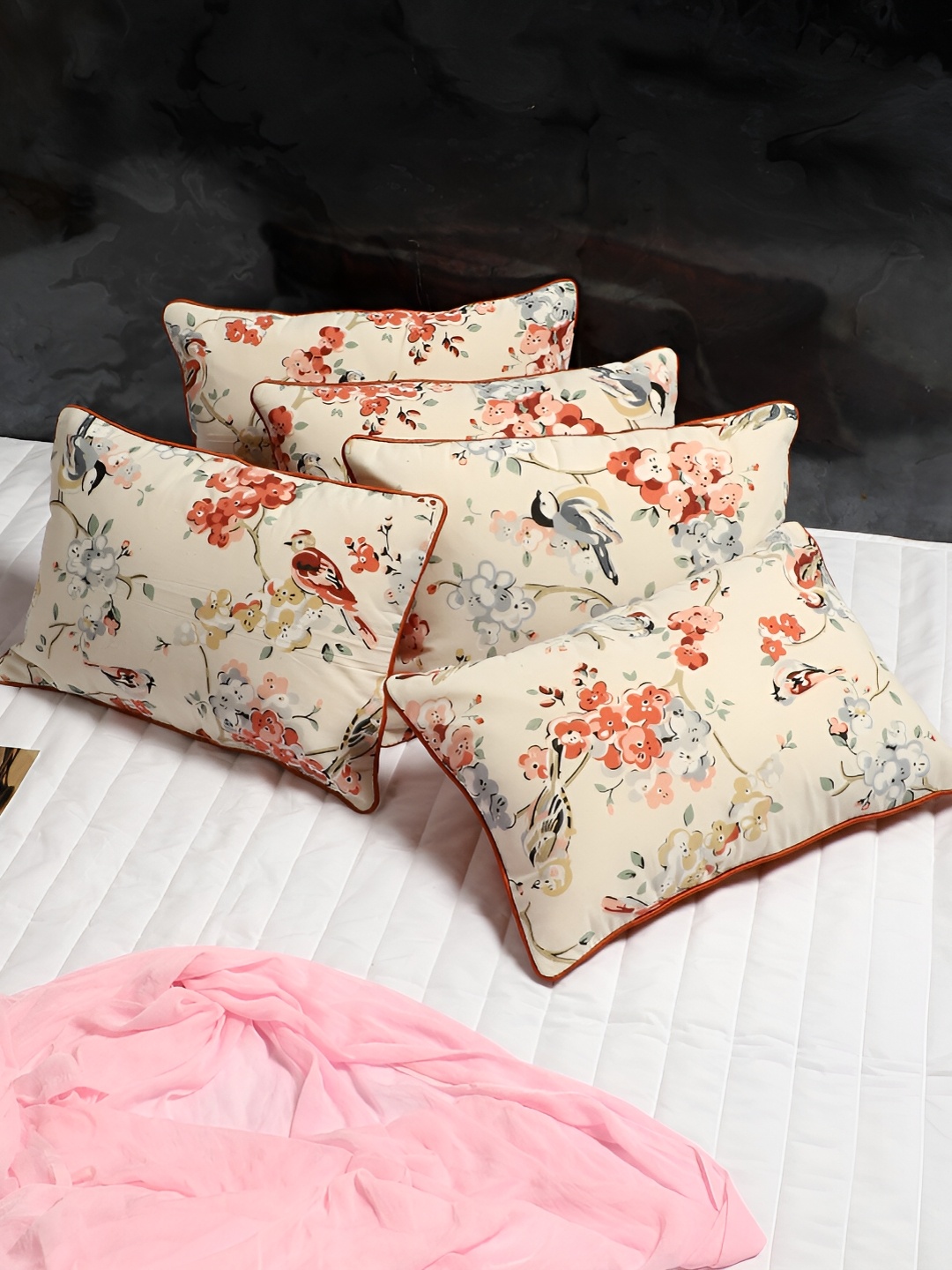 

MFD HOME FURNISHING Beige & Red 5 Pieces Floral Rectangle Cotton Cushion Covers