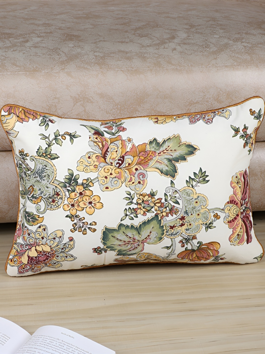 

MFD HOME FURNISHING Beige & Orange Floral Rectangle Cotton Cushion Covers