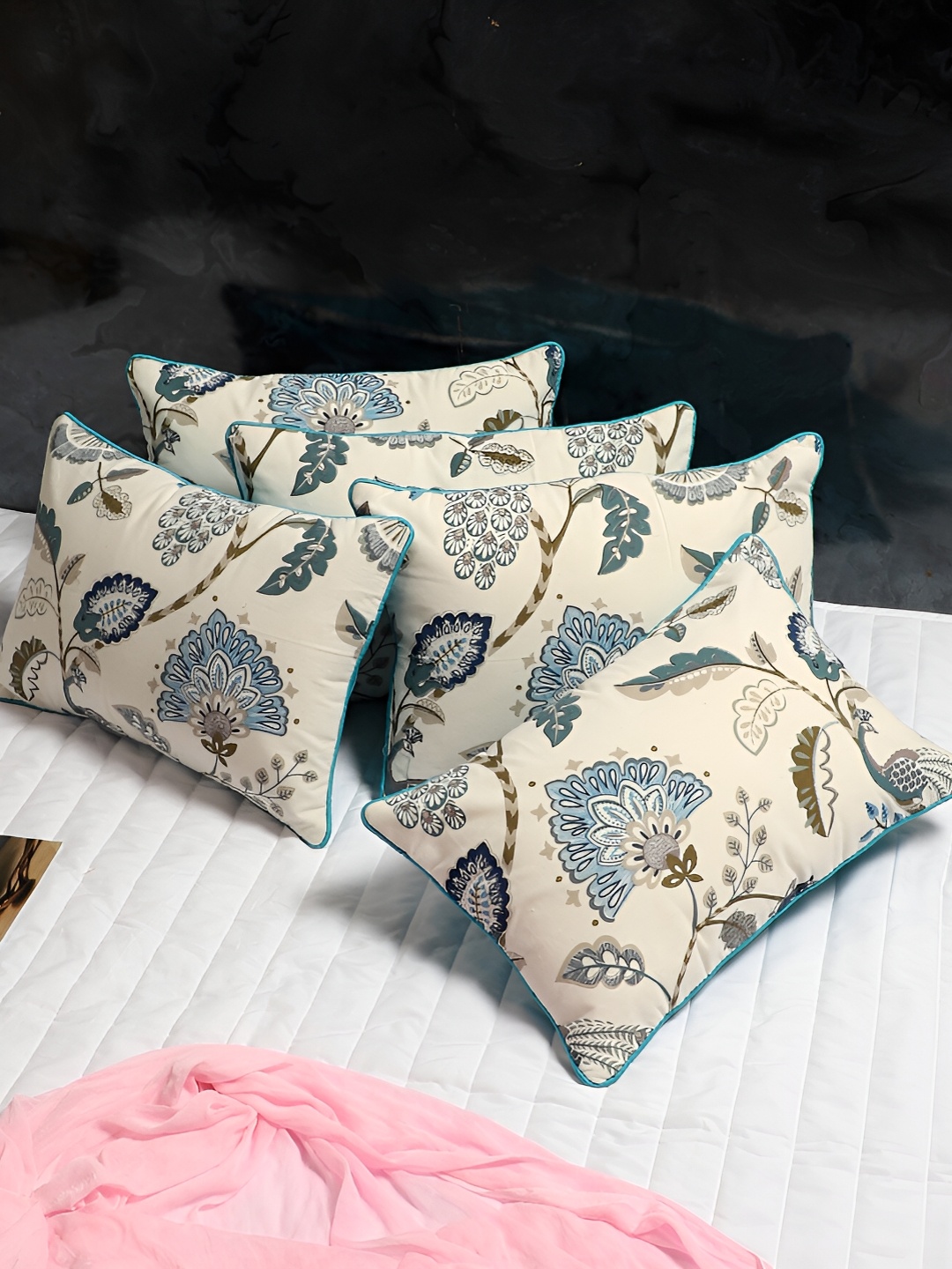 

MFD HOME FURNISHING Beige 5 Pieces Floral Rectangle Cotton Cushion Covers
