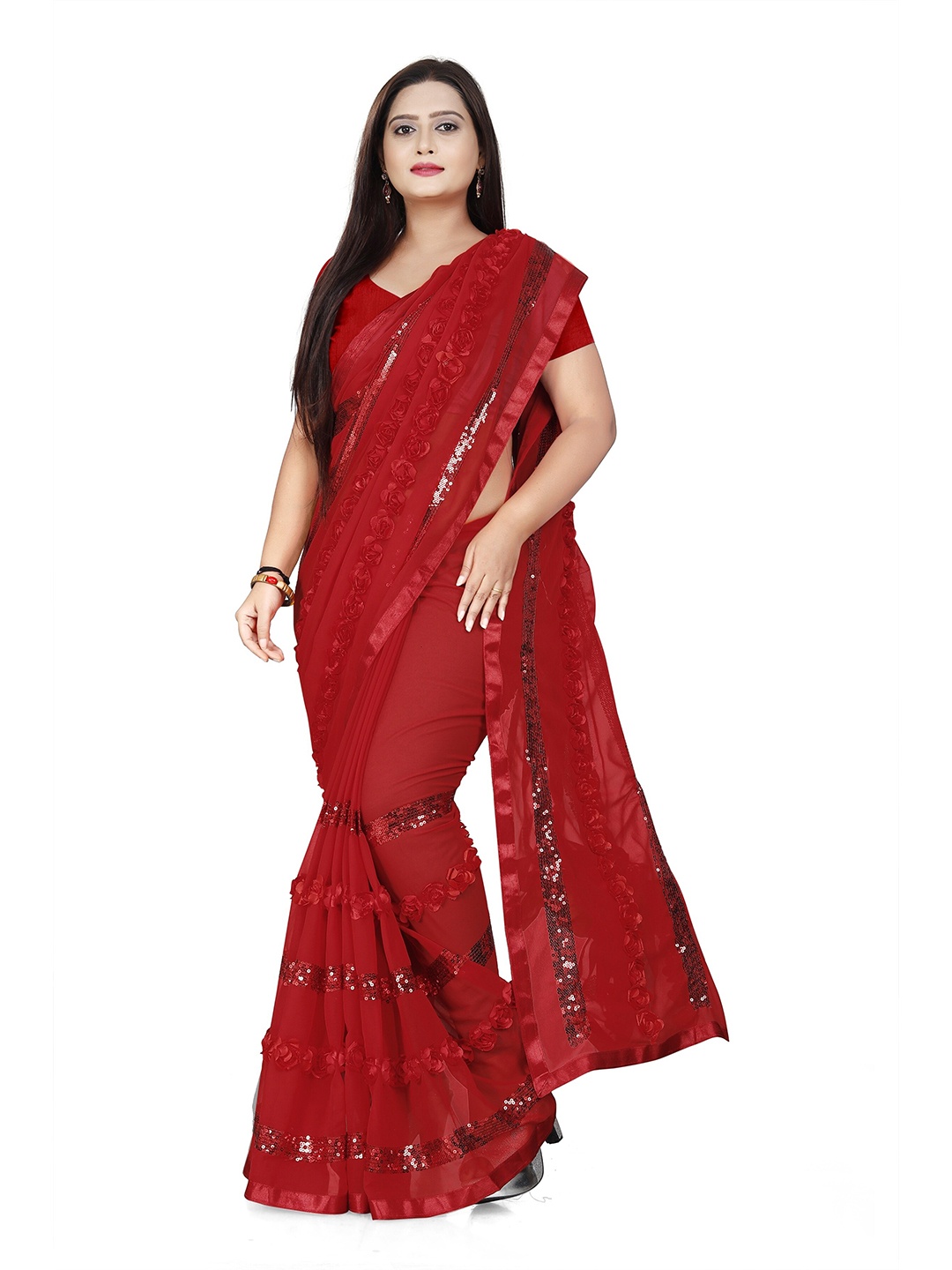 

CARTYSHOP Embellished Sequinned Pure Georgette Heavy Work Saree, Red