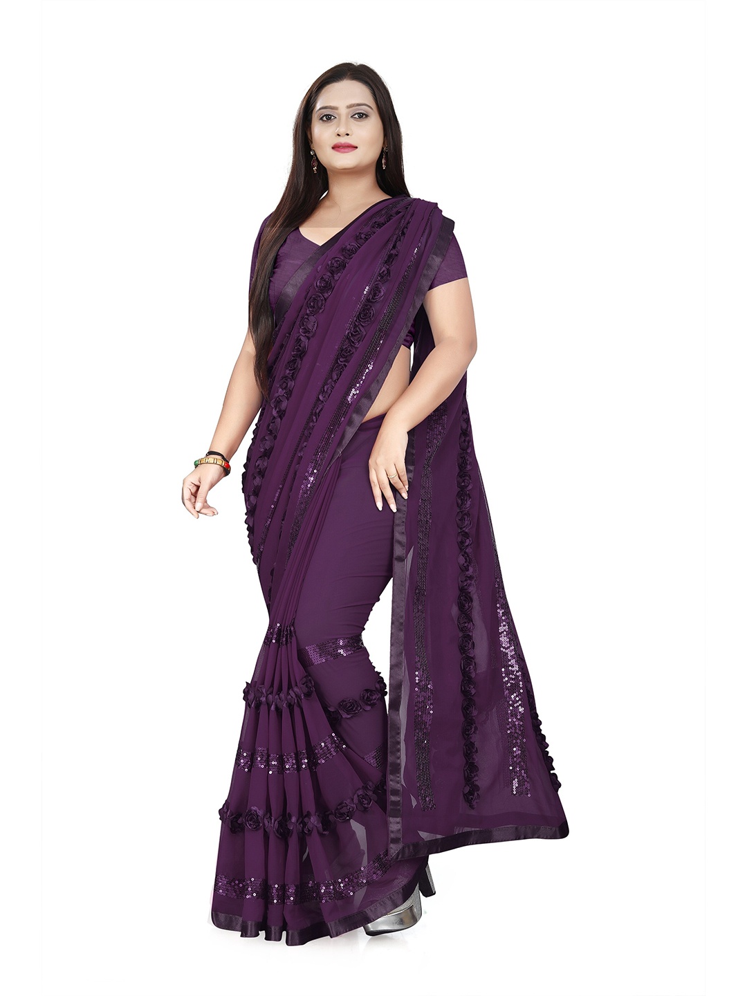 

CARTYSHOP Embellished Sequinned Pure Georgette Saree, Magenta
