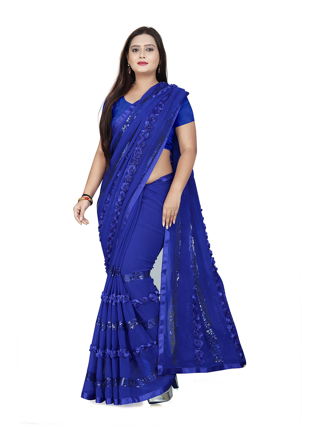

CARTYSHOP Embellished Sequinned Pure Georgette Saree, Blue