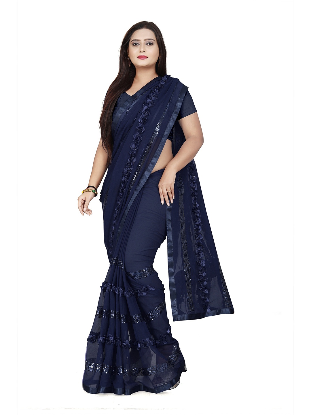 

CARTYSHOP Embellished Sequinned Pure Georgette Heavy Work Saree, Navy blue