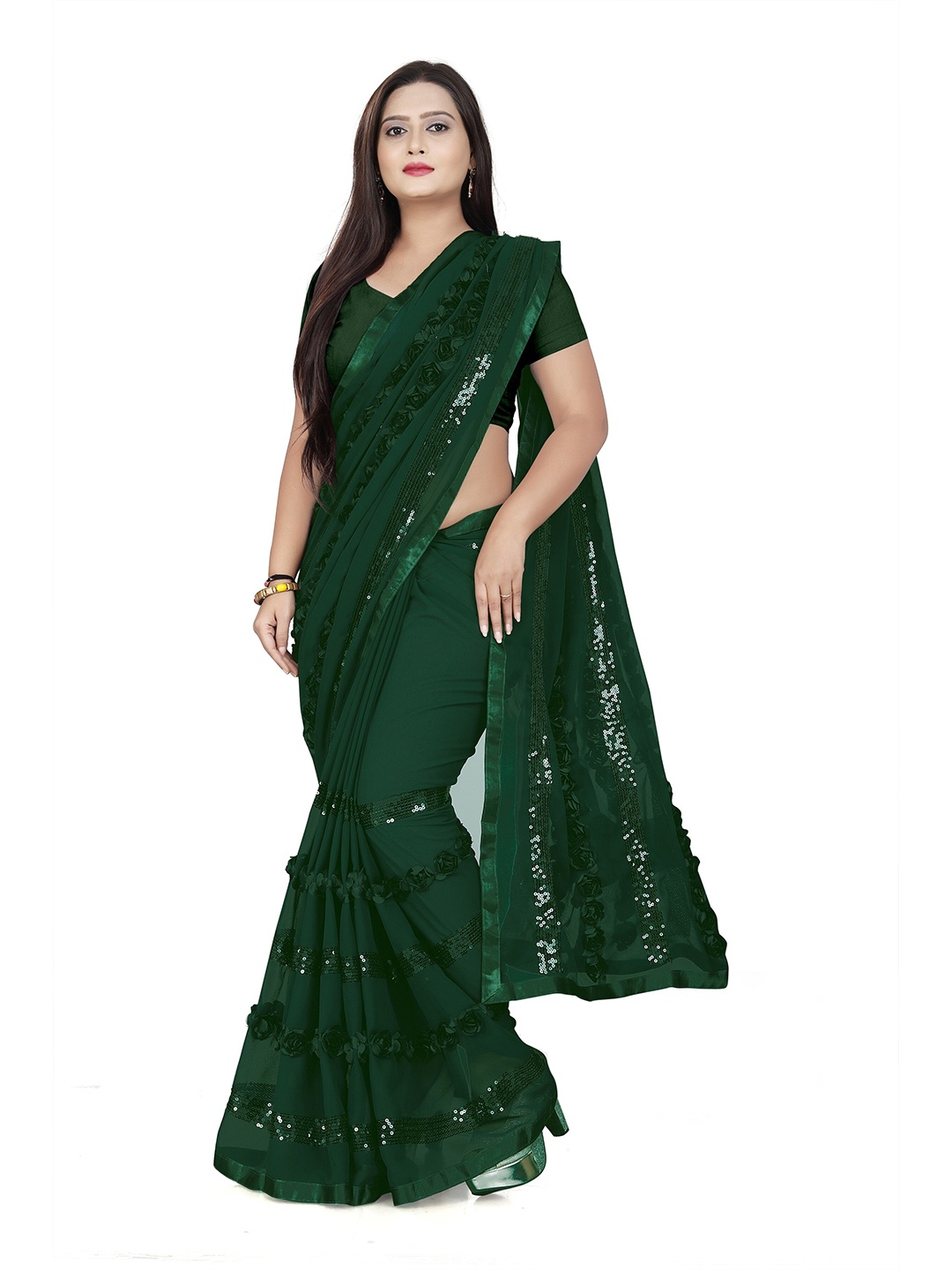 

CARTYSHOP Embellished Sequinned Pure Georgette Saree, Green
