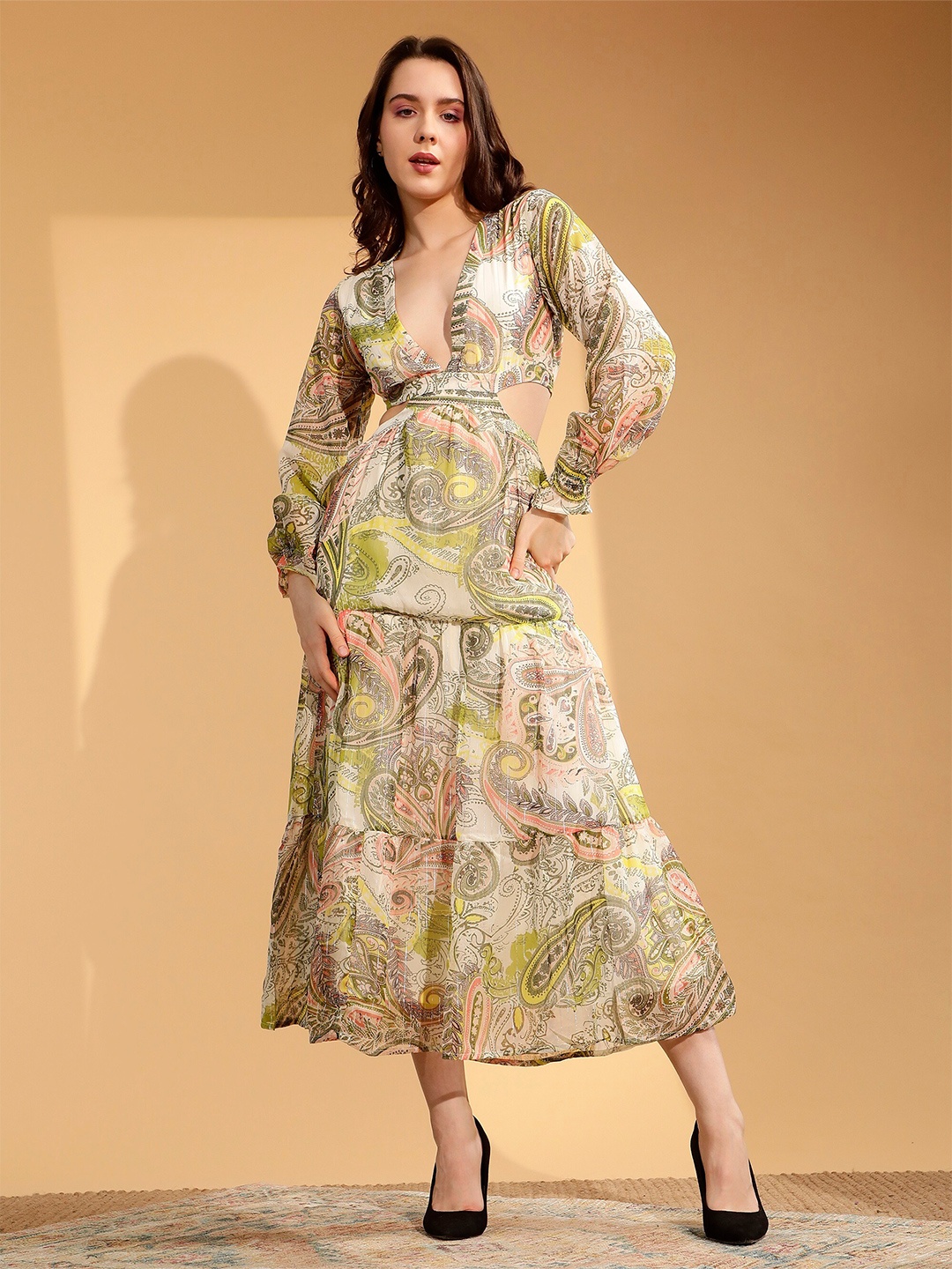 

NUEVOSDAMAS Floral Printed Puff Sleeve Georgette A-Line Midi Dress, White