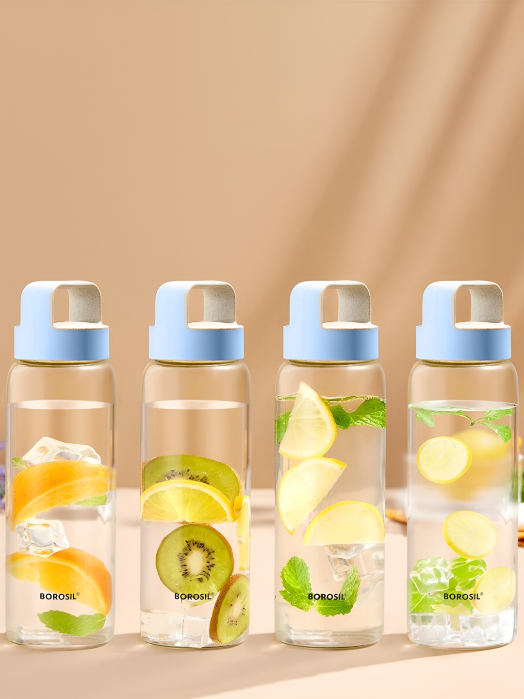 

BOROSIL Transparent & Blue 4 Pieces Glass Solid Water Bottles 750 ml