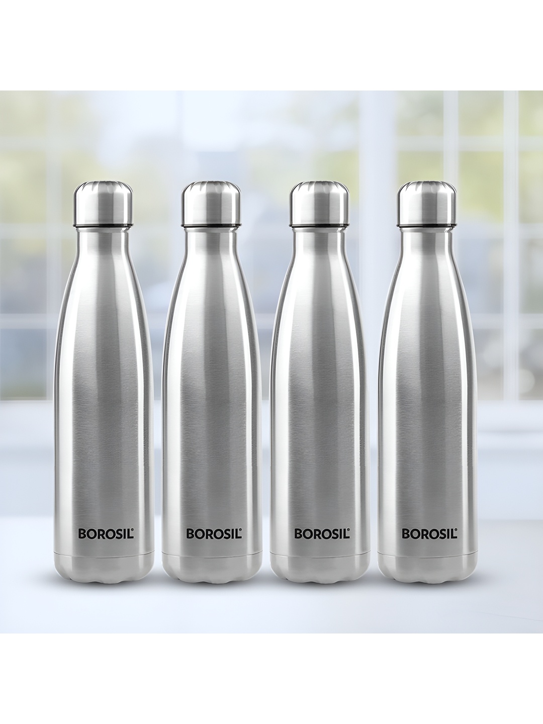 

BOROSIL Silver-Toned 4 Pieces Stainless Steel Water Bottles 1L