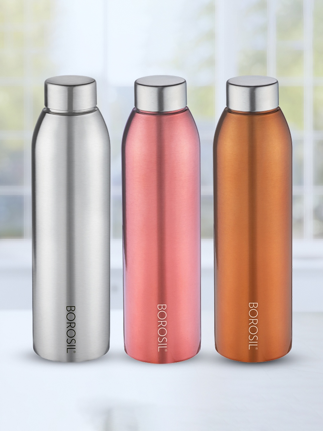 

BOROSIL Copper-Toned & Pink 3 Pieces Stainless Steel Solid Water Bottles 750 ml