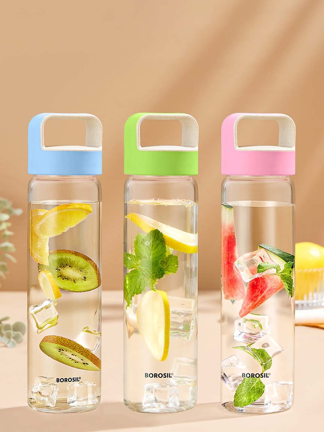 

BOROSIL Blue & Pink 3 Pcs Glass Water Bottles 550 ML