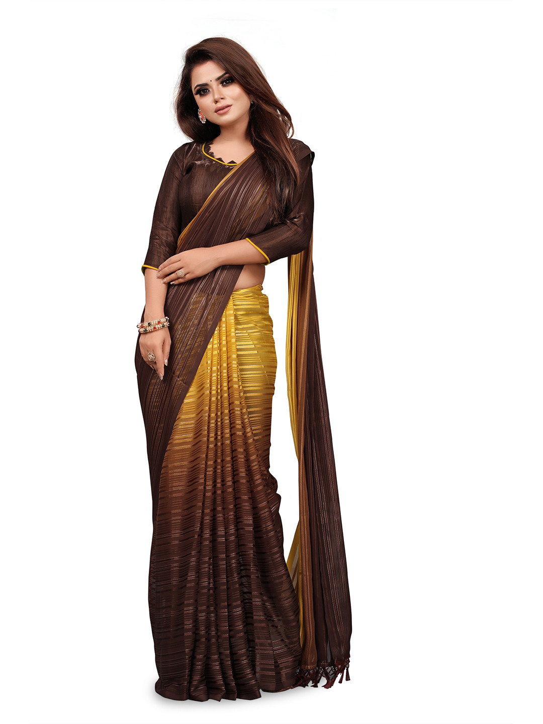 

CARTYSHOP Ombre Beads and Stones Pure Georgette Saree, Yellow