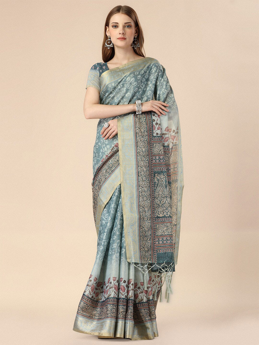 

Ishin Ethnic Motifs Silk Blend Kanjeevaram Saree, Blue