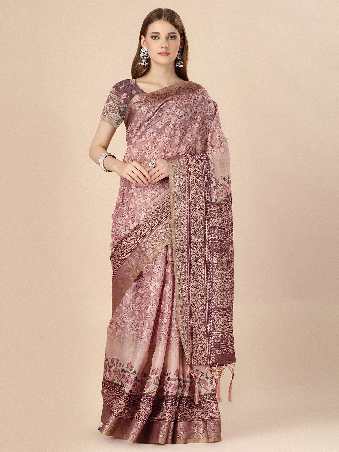 

Ishin Ethnic Motifs Silk Blend Kanjeevaram Saree, Peach