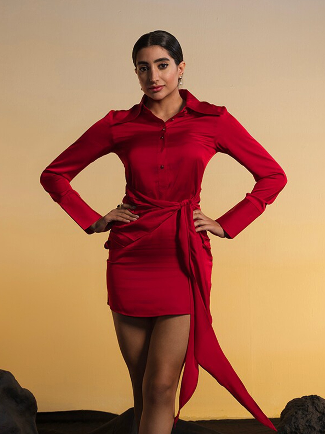 

Oh So Fly Shirt Collar Satin Sheath Dress, Red