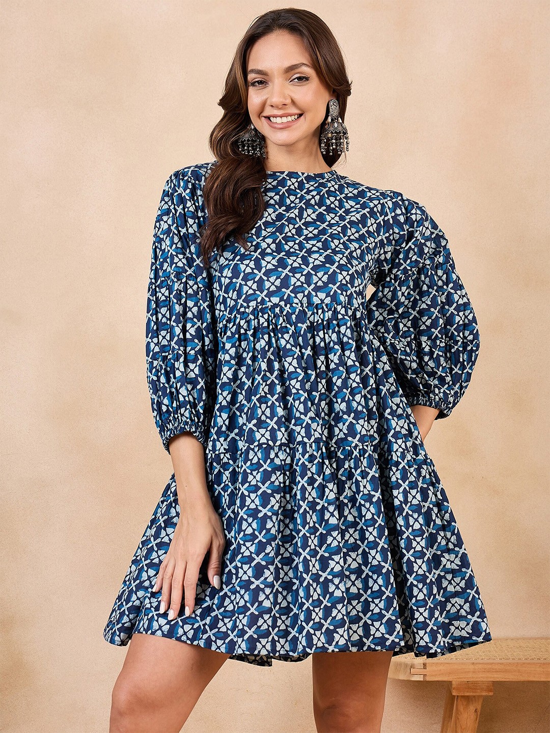 

InWeave Printed Puff Sleeve Cotton Empire Dress, Blue