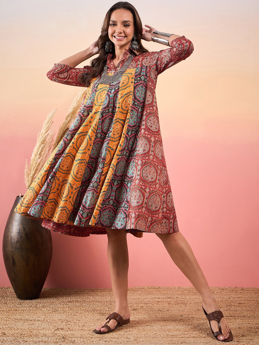 

InWeave Ethnic Motifs Print Three-Quarter Sleeves V-Neck A-Line Dress, Maroon